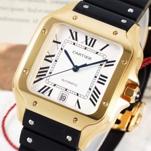 AF Cartier Santos Mechanical Large Series Movement: 9015 Automatic Mechanical Case Dimensions: 39.8 x 47.5 mm Dial:Sunburst white dial, sword-shaped blued steel hands, Roman numeral hour markers. Crystal: Scratch-resistant sapphire crystal. Crown: Stainless steel set with a faceted synthetic spinel. Case: Rose gold with diamonds, yellow gold with diamonds, stainless steel with diamonds.Strap: Stainless steel bracelet, silicone strap, quick-release leather strap, alligator leather strap. Functions: Time display, date display.